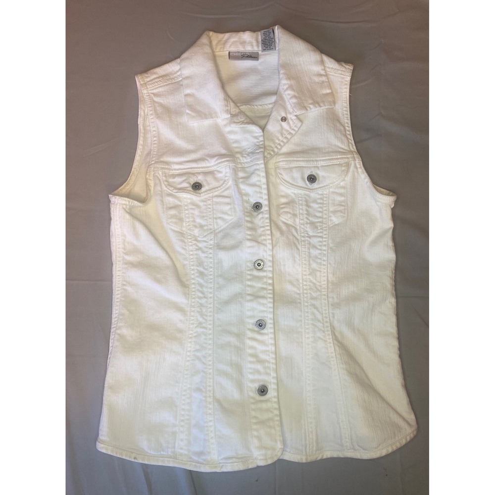 Chico's Platinum Denim Vest Women's 1/M White  Sleeveless Button Front
